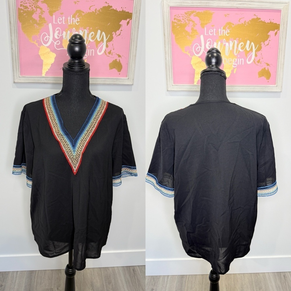 Lishly V-Neck Black Short Sleeve Mesh Top (XL)